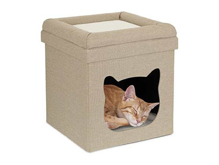 Relaxdays Tabouret pour Chat\, intérieur\, Grotte Petits Chats\, abri\, 2 étages\, Pliable\, HLP : 44x40x40 cm\, Marron/Blanc