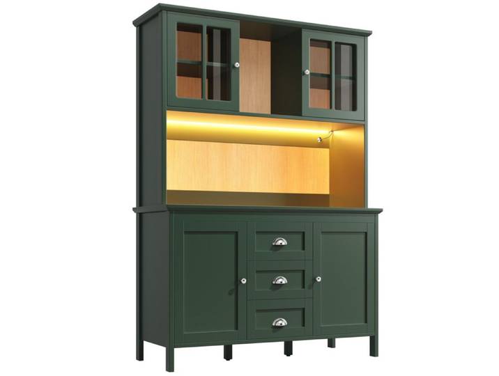Buffet de cuisine vert 120 x 40 x 179 cm – portes vitrées 3 tiroirs et LED