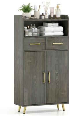 Costway Bathroom Storage Cabinet Freestanding Floor Cabinet with 2 Drawers and 2 Doors-Gray Oak