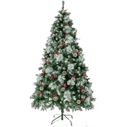 COSTWAY 180 cm LED-Kunstweihnachtsbaum, beleuchteter Weihnachtsbaum mit Tannenzapfen, roten Beeren und Metallständer