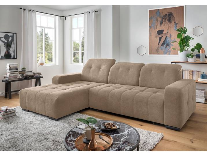 Ecksofa mit Sitztiefenverstellung Braun Webstoff Jimin 290 x 102 x 185cm Longchair davorstehend links Modern