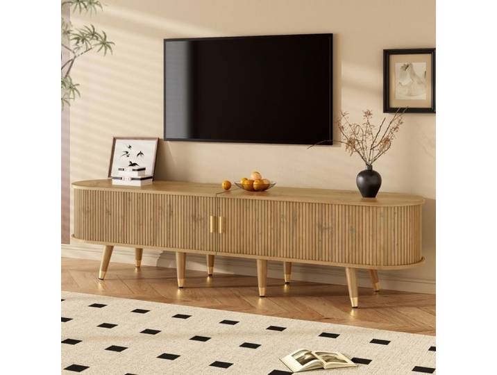 Meuble TV 2 Portes Coulissantes 2 Tiroirs 2 Étagères Banc TV Bois Clair avec Rangement MDF Salon 175x38x45cm