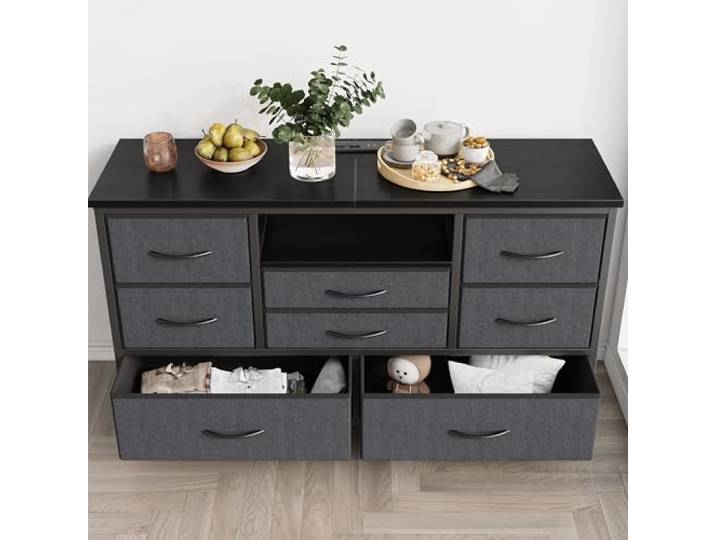 GarveeHome TV-Lowboard Mit Steckdosenleiste Inkl. USB & LED-Beleuchtung, 8–10 Stoffschubladen, Holzplatte, Für TVs Bis 55 Zoll, Breite TV-Konsole Stauraum Metallrahmen