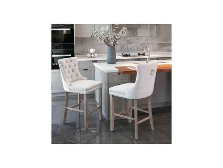 ®RisingFF Tabourets de bar en velours avec revêtement capitonné et pieds en bois avec des rivets chromés lot de deux beige