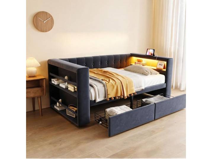 Lit simple capitonné 90x190 cm avec rangement LED et prise classic gray