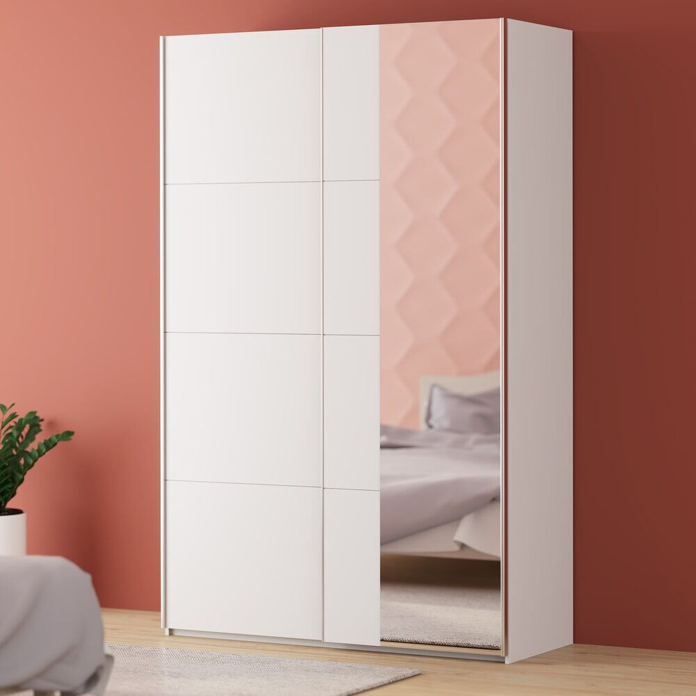Schwebetürenschrank FORTE "Fittio. Made in Europe, 2 Schiebetüren, modernes Design", weiss (weiß), B:150,1cm H:235cm T:61,2cm, Holzwerkstoff, Schränke, Schwebetürenschrank, Höhe 2,35 mtr, stehende Montage, Spiegel weiß Weiss, B/H/T: 150,1cm x 235cm x 61,2