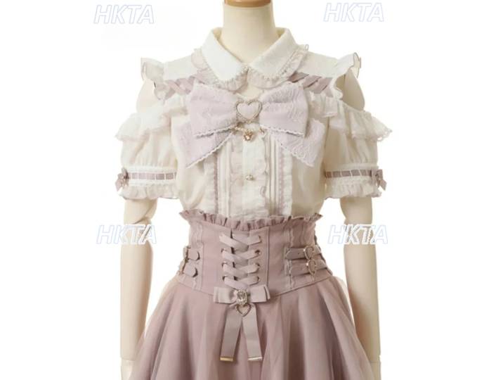 Ensemble 2 pièces jupe et haut pour femme Liz Mine style japonais, été, haut à épaules dénudées avec grand nœud et manches courtes, et jupe taille haute, style jeune fille