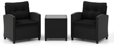 Costway 3 Pieces Patio Furniture Set with Tempered Glass Coffee Table-Black