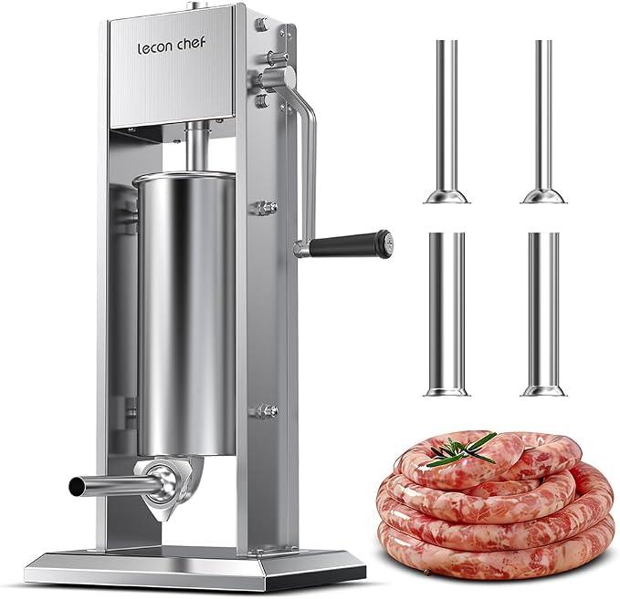 Wurstfüller 5L Manuell, Edelstahl Wurstfüllmaschine mit 2-Gang-Getriebe und 4 Füllrohren, Vertikale Wurstpresse für Hausgemachte Würste, Küche, Metzgerei und Gastronomie