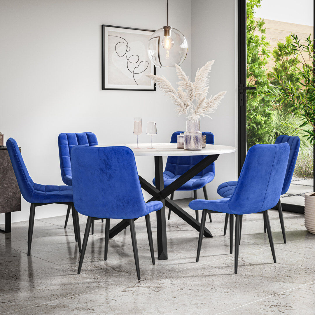 Metro Darcus 120cm Round White Marble Effect Dining Table Set with 6 Nova Velvet Chairs Black/Beige 6