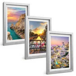 BILDER SET 3er Set - 20x30 cm Silberner Rahmen - Sonnenuntergang am Meer