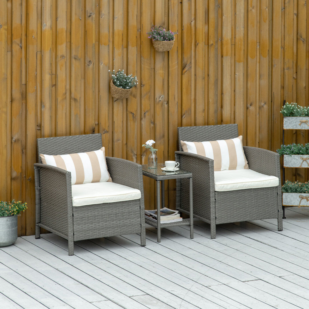 Outsunny 3 Pieces Rattan Bistro Set for 2, Garden, Light Grey Gray 2