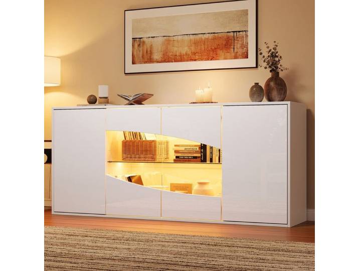Piaenon - Buffet Brillant 160×35×70cm avec LED 4 Portes 45kg 6 Rangements Salon - Blanc