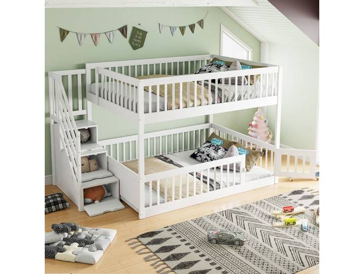 Lit Superposé Enfant 140x200cm Lit 2 Personnes avec Échelle de Rangement Porte Haute Barrière Sommier à Lattes pour Adolescent Blanc