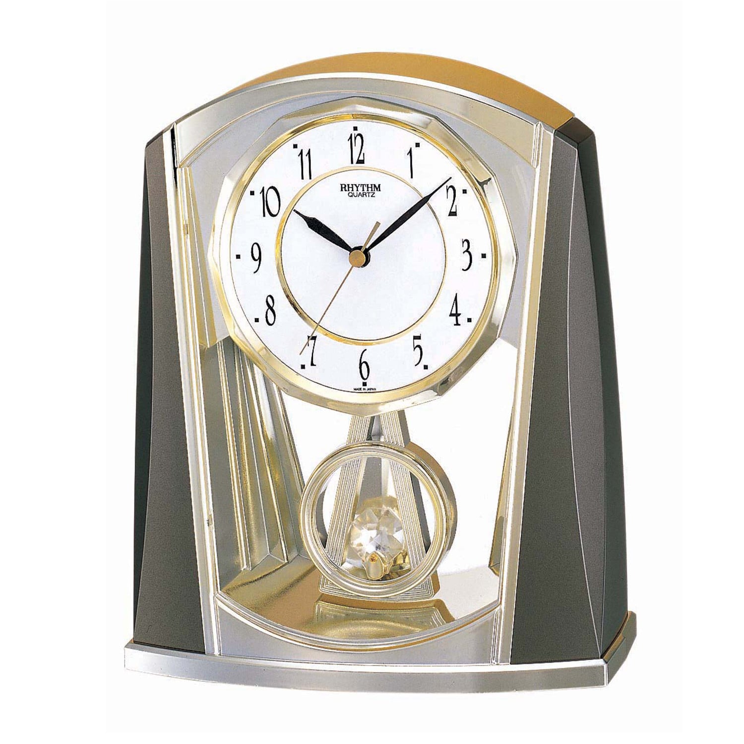Rhythm 7772/9 Tafelklok met quartz uurwerk, langzaam bewegend pendulum, grijs metallic met gouden accenten