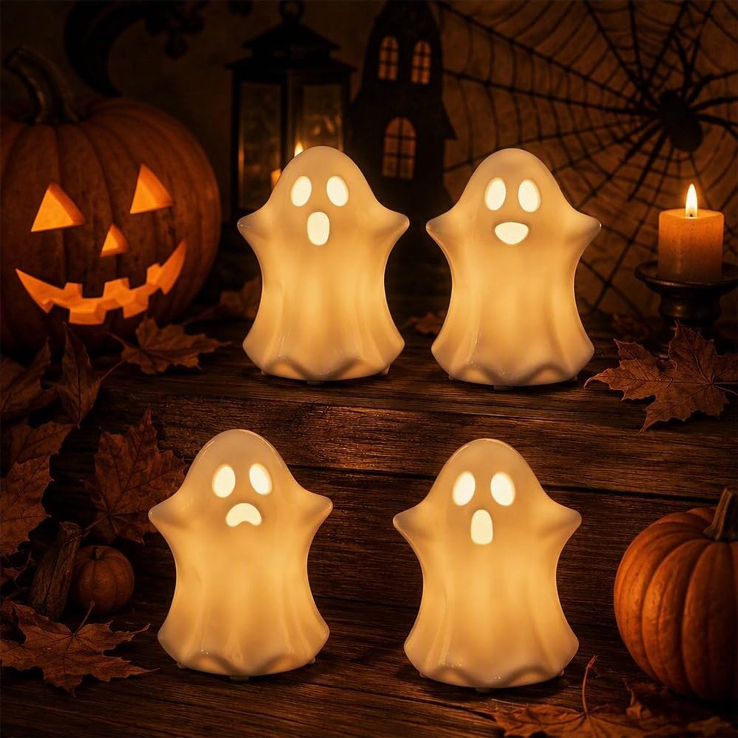 ServiceTopper Set van 4 Keramische Spookfiguren met LED-verlichting voor Halloween Decoratie