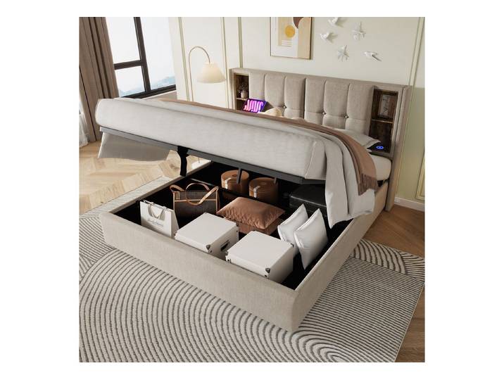 OKWISH Polsterbett Doppelbett kabelloses Laden USB-C Holzrahmen Leinen 160x200 cm (mit Lattenrost, Ohne Matratze,160x200cm), mit Kabellosem Laden USB C, Lattenrost aus Holz-Natürlich Leinen