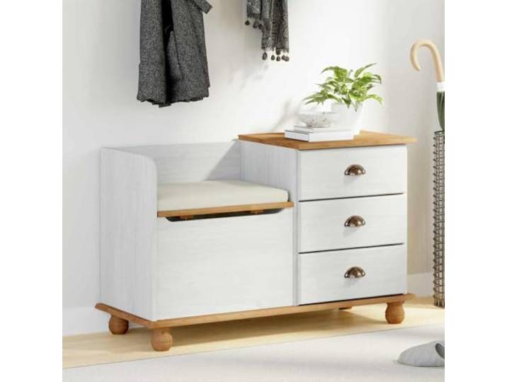 TEKGHUT Sitzbank mit Stauraum ASKIM Weiß Massivholz 100 x 39 x 62 cm Massives Kiefernholz, 3 Schubladen, viel Stauraum, Brötchenfüße, modernes Design