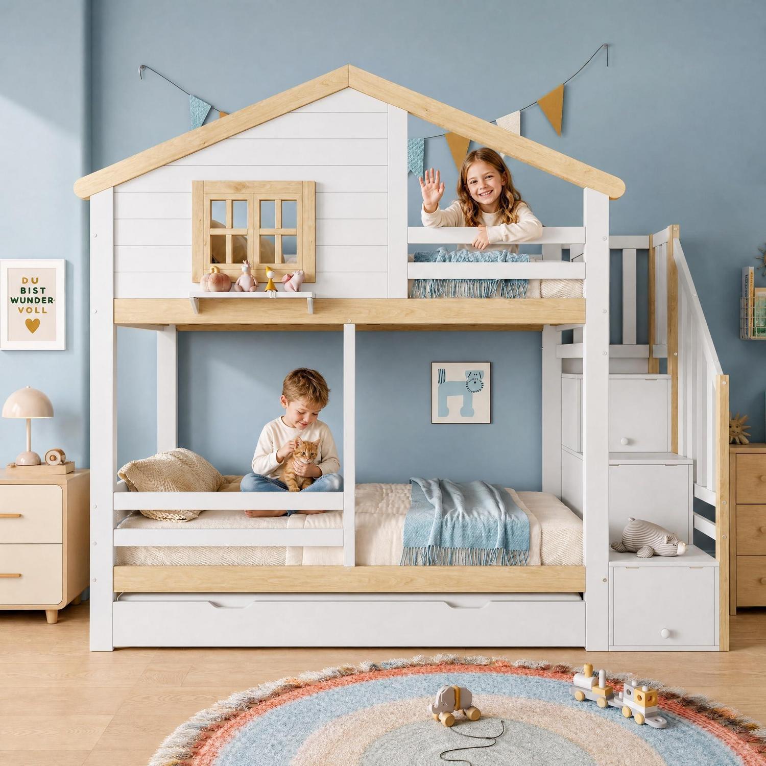 Kinderbett 90x200 mit Ausziehbett, Stauraumtreppe und Fenster, Etagenbett, Weiß/Natur