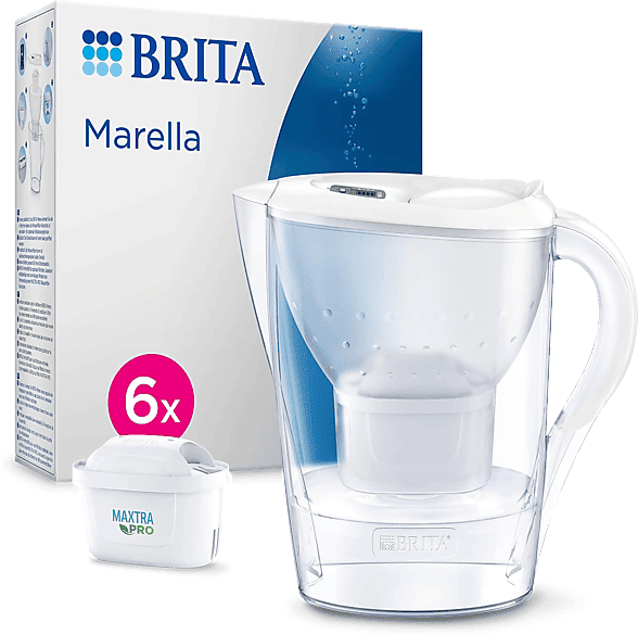 Jarra Filtrante - BRITA Marella Blanca (2,4 l) Incluye 6 Cartuchos MAXTRA PRO All-in-1, Memo Digital y Tapa Abatible