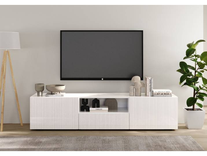 Lowboard HOME AFFAIRE Rio Breite 181 cm, TV-Board 2 Türen u. 1 Schubkasten, TV-Schrank , weiss (weiß hochglanz lack, front mit geriffelter struktur), B:181cm H:42cm T:42cm, Sideboards, Lowboard, geriffelte MDF-Fronten, modern u. elegant, Kabelführung, viel Stauraum
