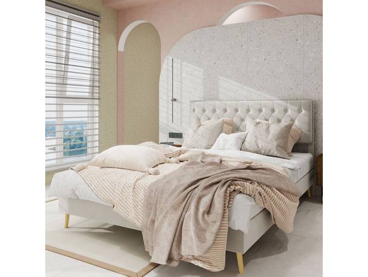 Lit Double - Moderne - Velours Hollandais - Beige - 160x200cm - Tête de lit haute