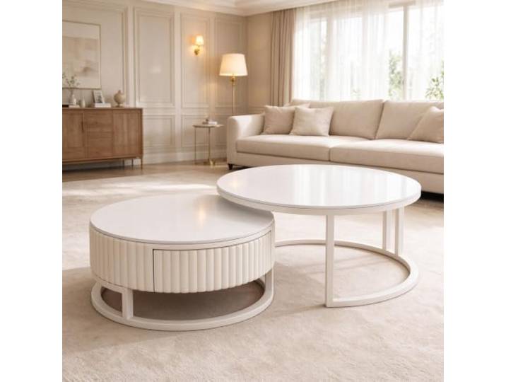 YHTCSXMD Moderner Runder Couchtisch, Steinplatte mit Schublade Stauraum Couchtisch rund mit Steinplatte, Schublade und Eisenrahmen, weißes Nesting Design für Wohnzimmer, geeignet für Wohnungen