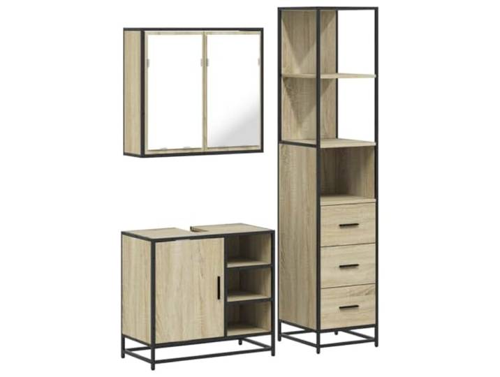 POUFGDR Badezimmermöbel-Set, 3-teilig, Sonoma-Eiche Wandschrank, industrieller Metallrahmen, Holzwerkstoff, Oberseite mit Loch für Spüle, Schrauben und Dübel nicht im
