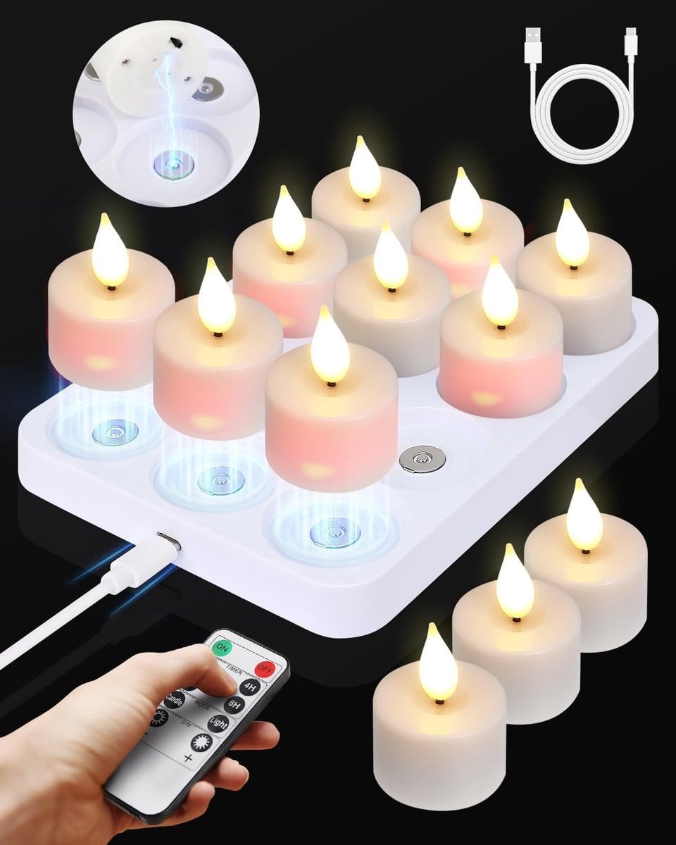 SnelShoppen Set van 12 Oplaadbare LED Theelichten met Magnetisch Oplaadstation, Timer en 2 Afstandsbedieningen
