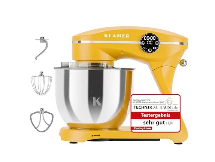 KLAMER Küchenmaschine 1800W, Knetmaschine Brotteig mit 6L Edelstahlschüssel 10 Geschwindigkeiten und Timer, Planetenrührwerk, Knethaken, Flachrührer und Schneebesen, transparenter Sichtdeckel