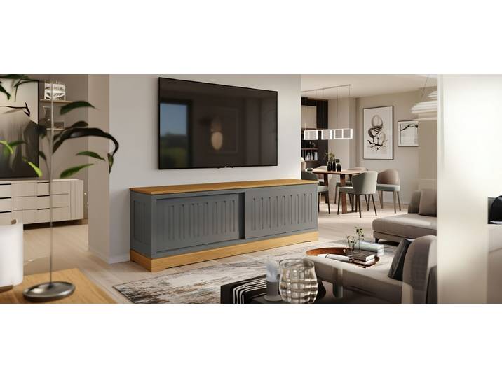 Meuble TV cannelé Pin massif brossé Gris/Gris/Pin marron 166cm
