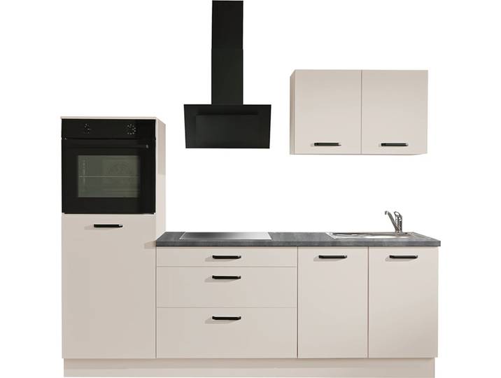 Küchenzeile WIHO KÜCHEN Compact: Kleines Format, grosse Ausstattung, optional mit E-Geräten , beige (küche: natur, front: cashmere, korpus: cashmere, arbeitsplatte: granit schwarz), B:240cm, Komplettküchen-Sets, Küchenzeile, Variante ohne Kühlschrank, Breite 240 cm