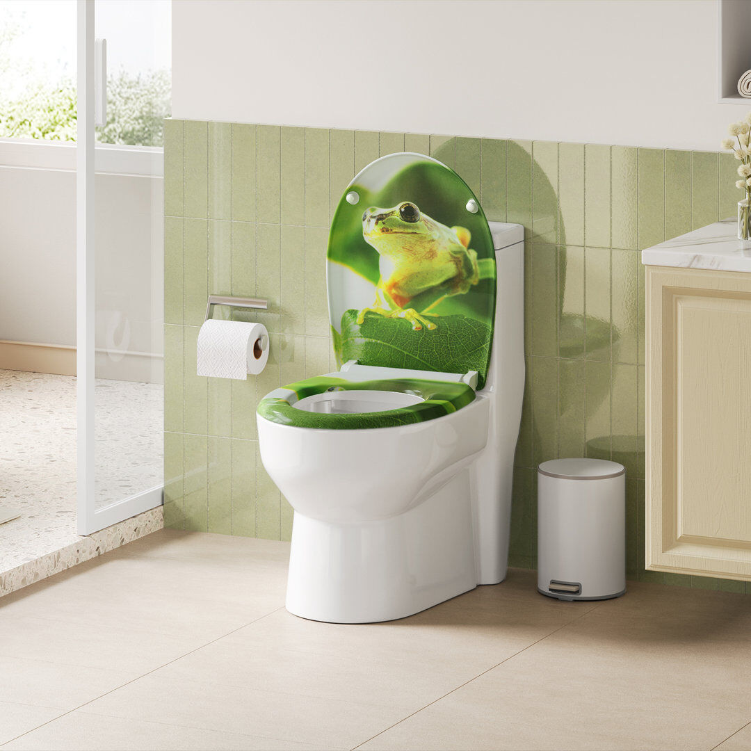 Bloomsbury Market Toilet Seat, Soft Close O-Shape Loo Seat With Quick Release Function, 360° Adjustable Stainless Steel Hinges, Duroplast Top Mounting Toilet Lid, Green Patchwork 37cm W X 47.5cm D