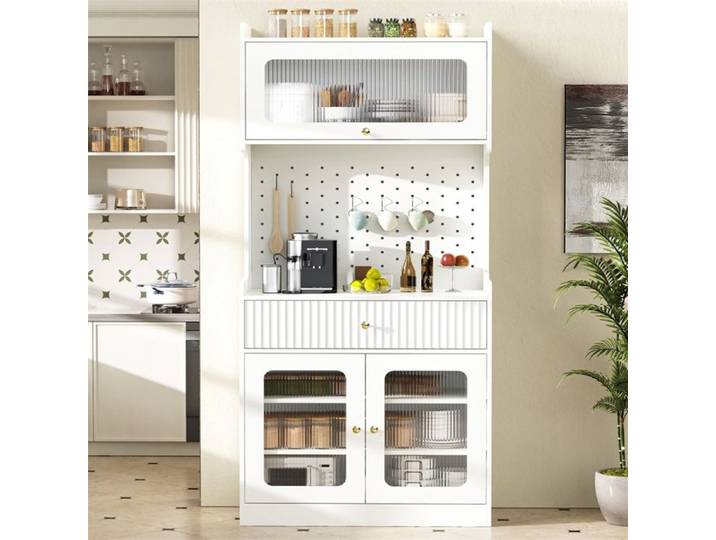 Buffet Haut - Sideboard - Highboard avec Éclairage LED Riffelglas & Tiroir - Rangement Polyvalent - Blanc