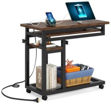 BLUEBELL Height Adjustable Small Portable Desk, C Side Table with Outlet and USB Ports