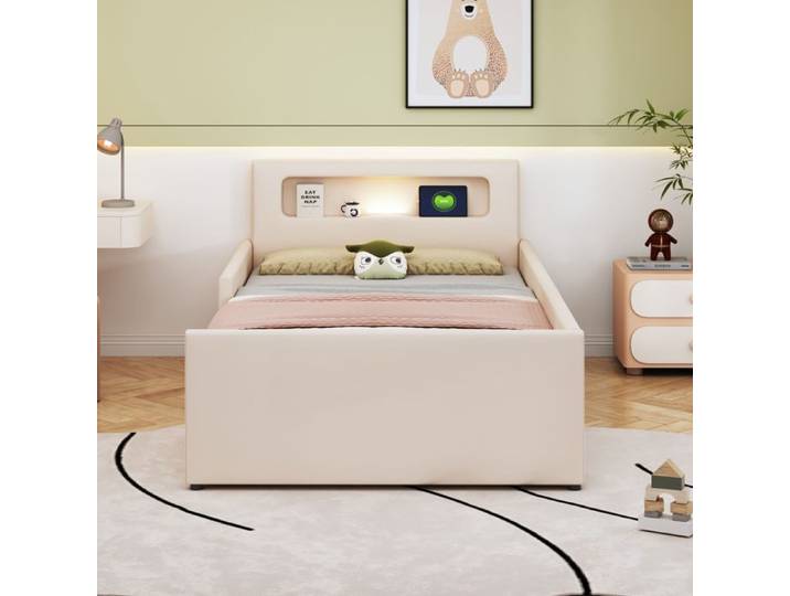 Lit enfant - KOMHTOM - Tapissier 90x200 - Similicuir beige - USB & LED intégrée - 2 tiroirs