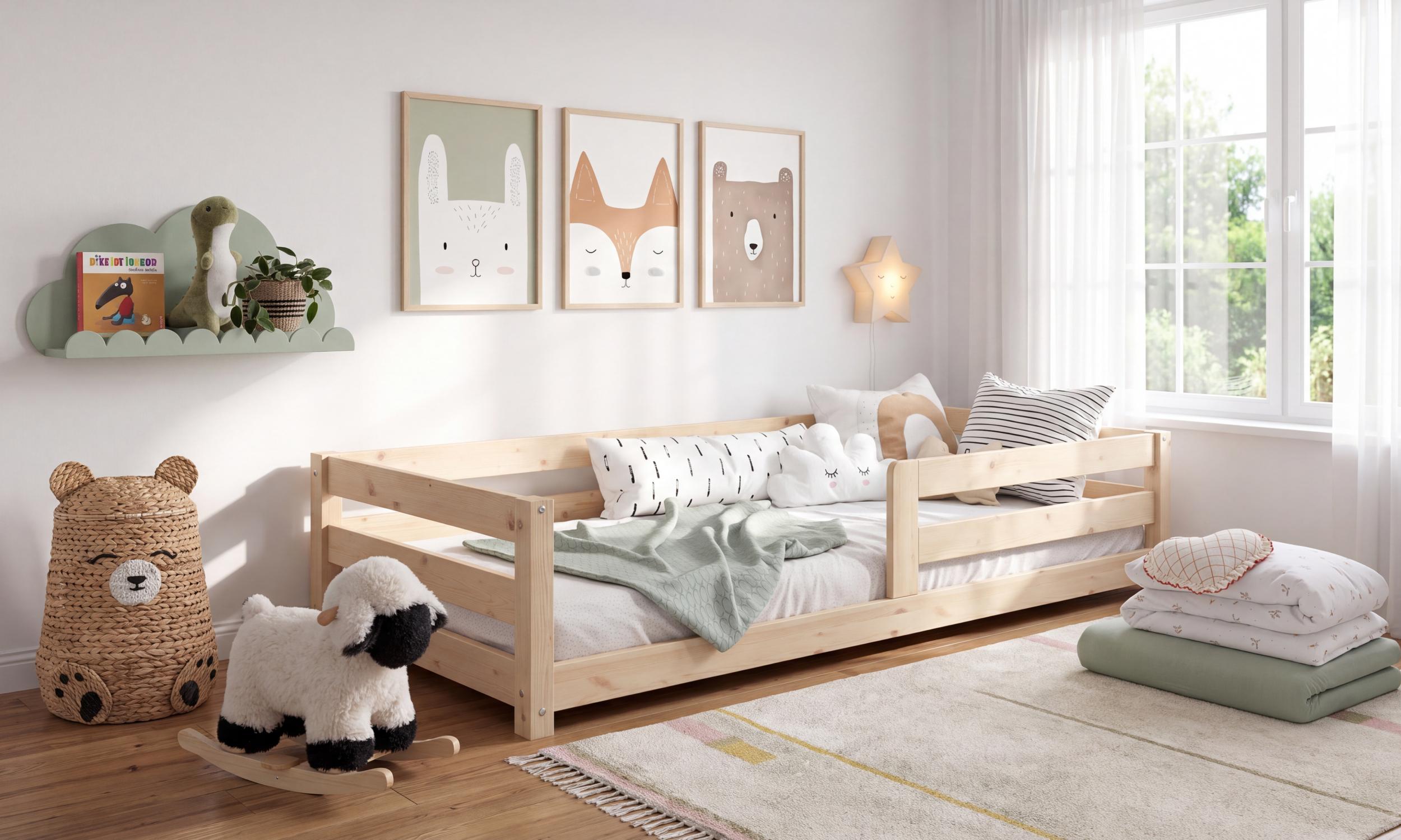 Bodenbett 90x200 cm - vollmassive Polarkiefer (unbehandelte Oberfläche) - Modellname: Himaa