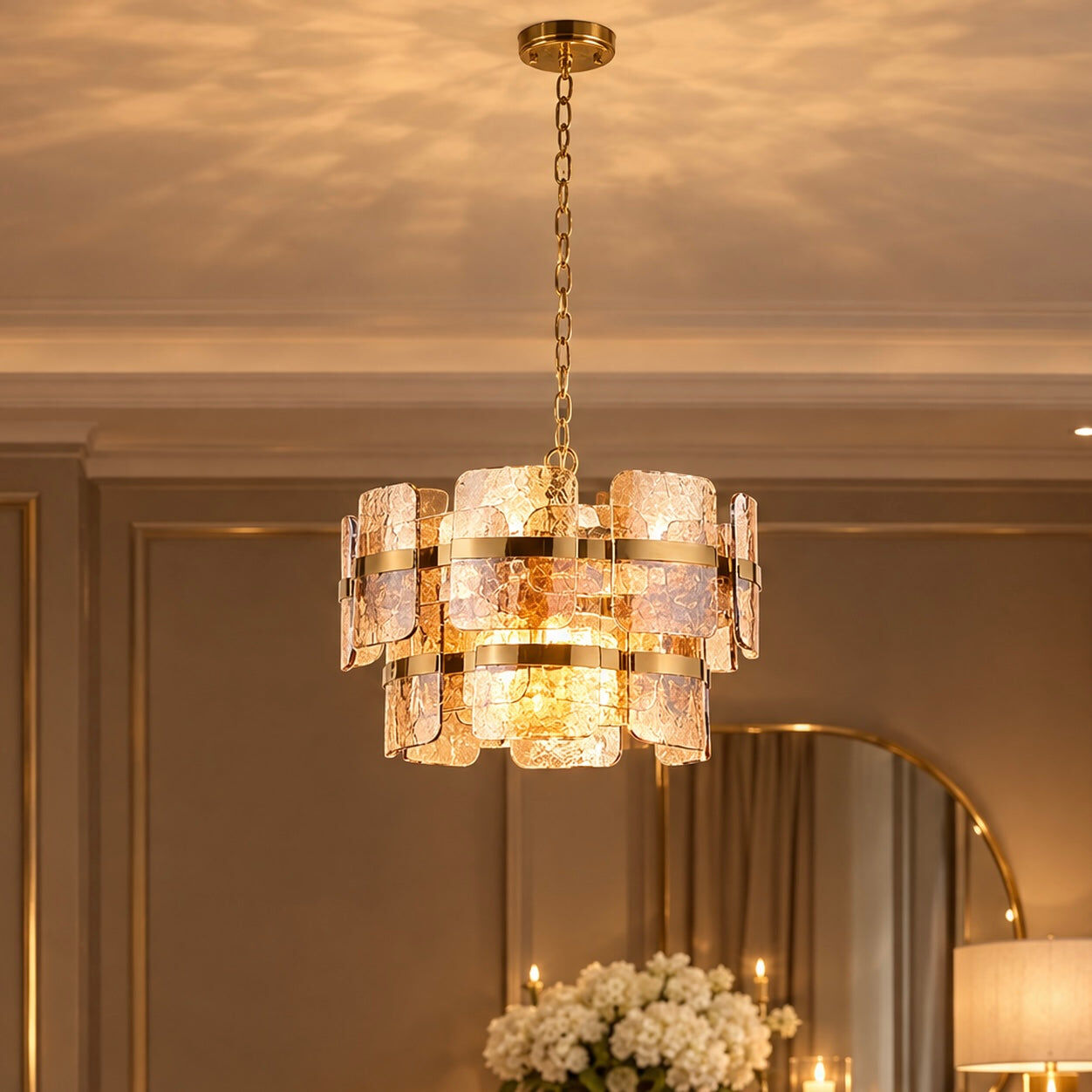 Hailsey Amber Glass & Gold 2 Tier Pendant Ceiling Light