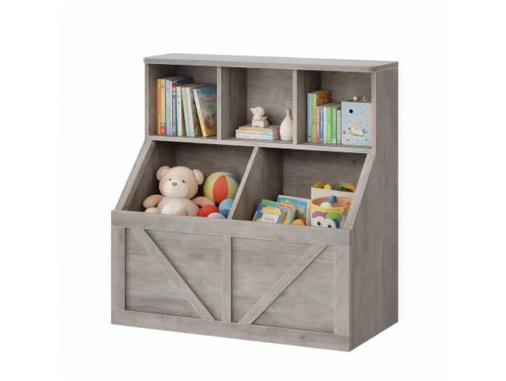 Hapterouse Kinderbücherregal, 5 Fächer, Spielzeugregal, Grau, 90x42x92 cm MDF und Spanplatte, 2 offene Boxen, kippsicher, viel Stauraum für Bücher, Spielzeug, Kuscheltiere, perfekt fürs Kinderzimmer
