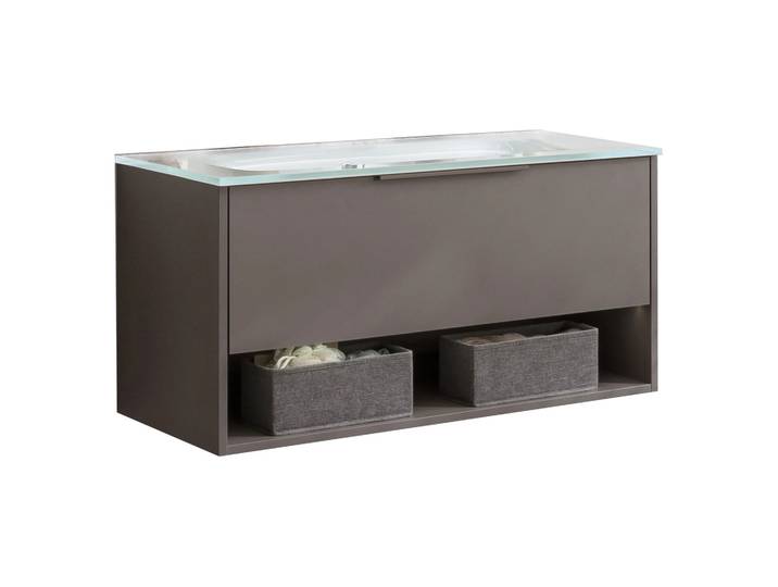 FACKELMANN B.PARIS Waschbecken mit Unterschrank 90 cm breit, Grau, Waschbecken Glas Weiß