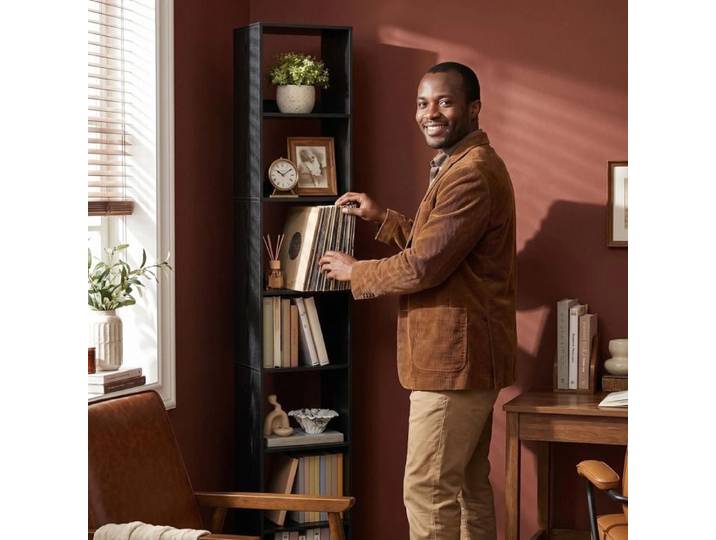 Armoire haute noire ultra‑fine 7 étagères réglables panneau anti‑poussière design minimaliste et polyvalent