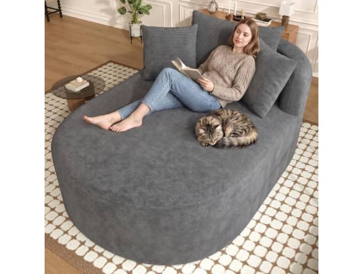 Komprimierter ovaler Relaxsessel aus Cordstoff, montagefrei, gute Rückfederung, 122 cm tiefe Sitzfläche, minimalistischer Einzelsessel in Unifarben, haustierfreundlicher Sessel für Wohnzimmer