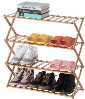 Basicwise Foldable Bamboo Shoe Rack and Storage Shelf Multi-Purpose Wooden Organizer for Entryway Closet or Living Room