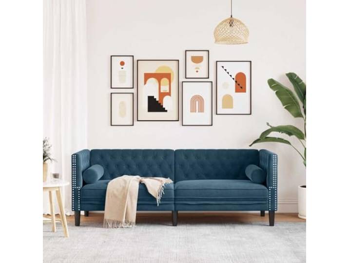 KTHLBRH Chesterfield Sofa 3-Sitzer blau Samt 194 cm Robuste Beine, dicke Polsterung, 2 Kissen inklusive, Wohnzimmer