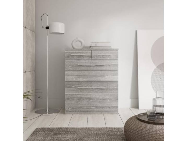 Forte Prague Kommode 70, Moderne Kommode, 4 große und 2 kleine Schubladen, silberfarbene Griffe, Holzwerkstoff, Grauer Holzdekor, 69,9 cm breit x 95 cm hoch x 41,6 cm tief