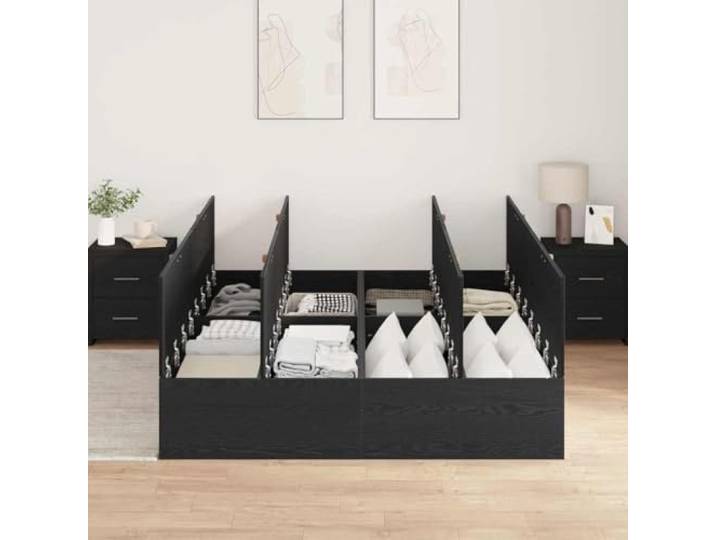 KTHLBRH Bettkasten Eiche Schwarz 160 x 200 cm Massivholz, Kiefer, Scharniertüren, Ledergriffe, modernes Design