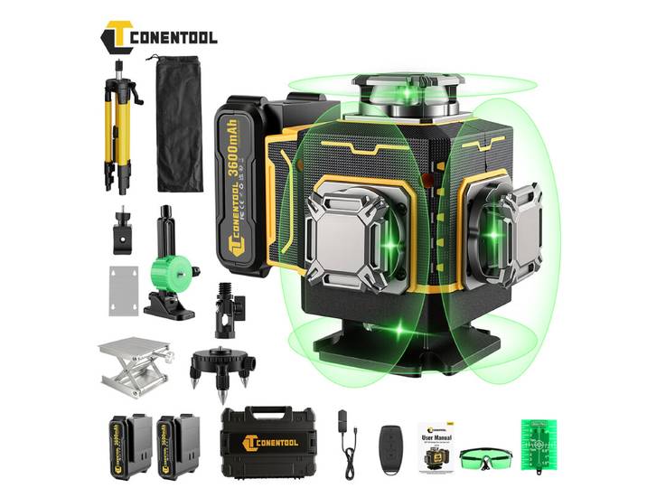 CONENTOOL Niveau laser - 16 lignes - Niveau haute configuration - Longue autonomie - Mesure haute précision - 2 batteries * 3600 mAh - Accessoires multifonctions - Avec trépied de 1 m - LL02