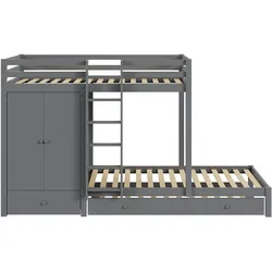 MODFU Etagenbett aus Holz Grau 291x96x170 cm, Gewerblich geeignet, mit Ausziehbett, Kleiderschrank, Schubladen und Ablage