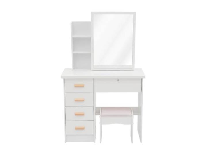 Weiß Schminktisch mit Spiegel & Hocker, Modern Kosmetiktisch mit Schubladen Stabiler Schminktisch mit großem Spiegel & viel Stauraum, belastbarer Hocker, multifunktional für Schlafzimmer & Wohnräume.