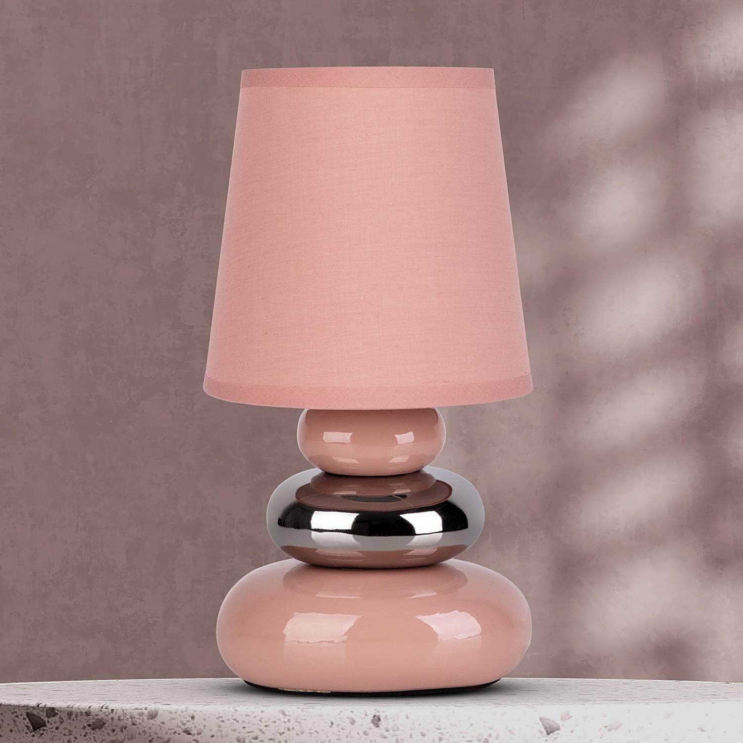 home24 Tafellamp Stoney met keramische voet en textiele kap, Roze, Ø 16 cm, E14